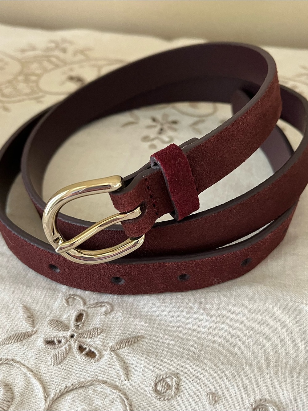 Tommy Hilfiger Burgundy Suede Belt with Gold Buckle